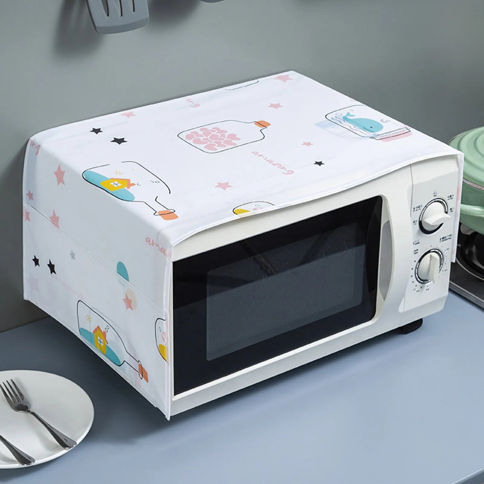 Cartoon Graphics Printed Cute Microwave Dust-proof Cover Oven Cover Hanging Bag Dust-proof Cover Microwave Protective Cover Qme D