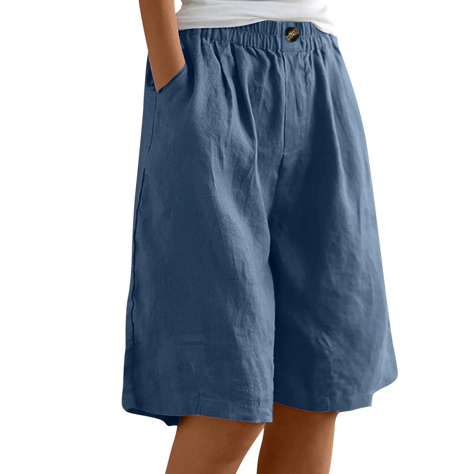 Female Fashion Solid Color Elastic High Waist Pocket Button Up Loose Cotton Linen Five Length Shorts Summer Soft Comfort Pants Qme