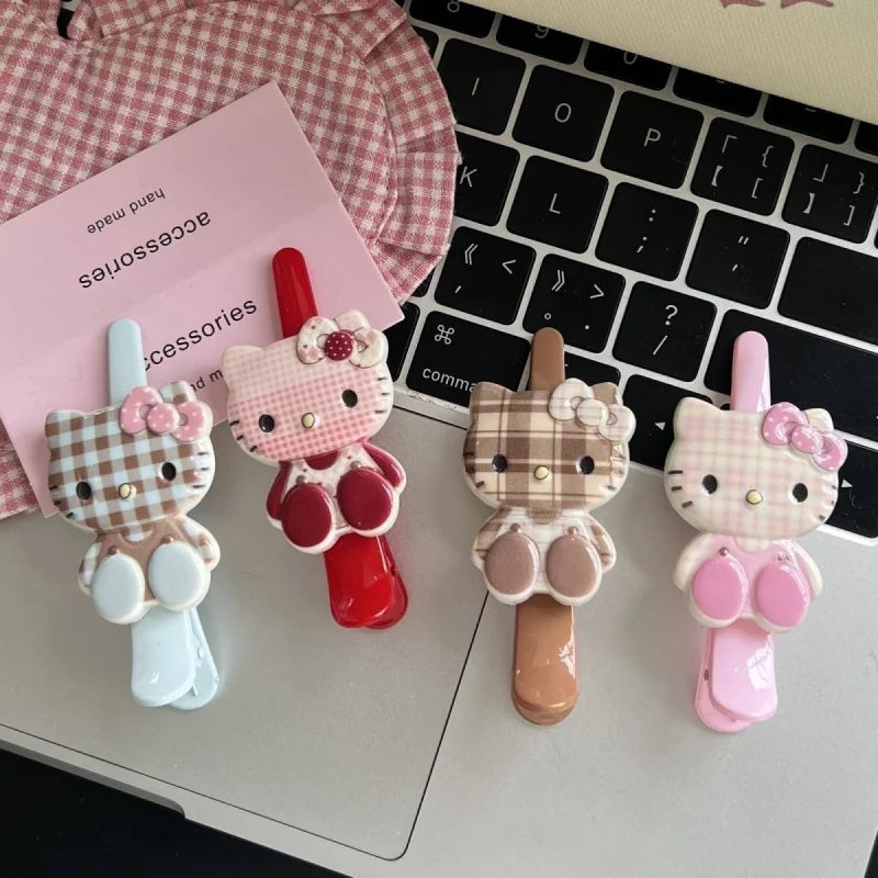 Hello Kitty Cartoon Checkered Hair Clip Cute Hair Accessories for Students Versatile Hair Clips and Headpieces Qme