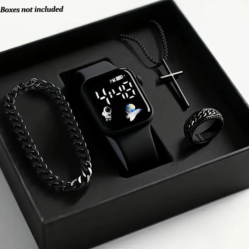Four piece men's accessory gift box set - Low voltage running digital electronic watch with vintage necklace, bracelet, ring, ea Qme black