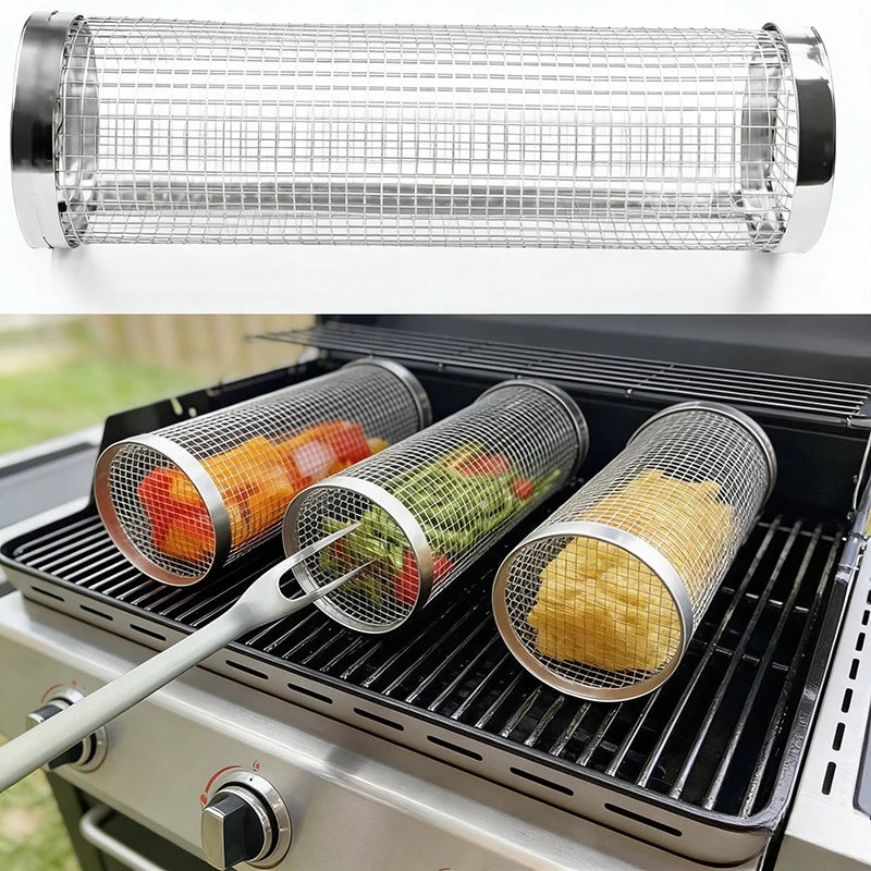 Stainless Steel Cylinder Rolling Grilling Basket Portable Round BBQ Rack Wire Mesh Barbecue Grate for Outdoor Camping Picnic Qme