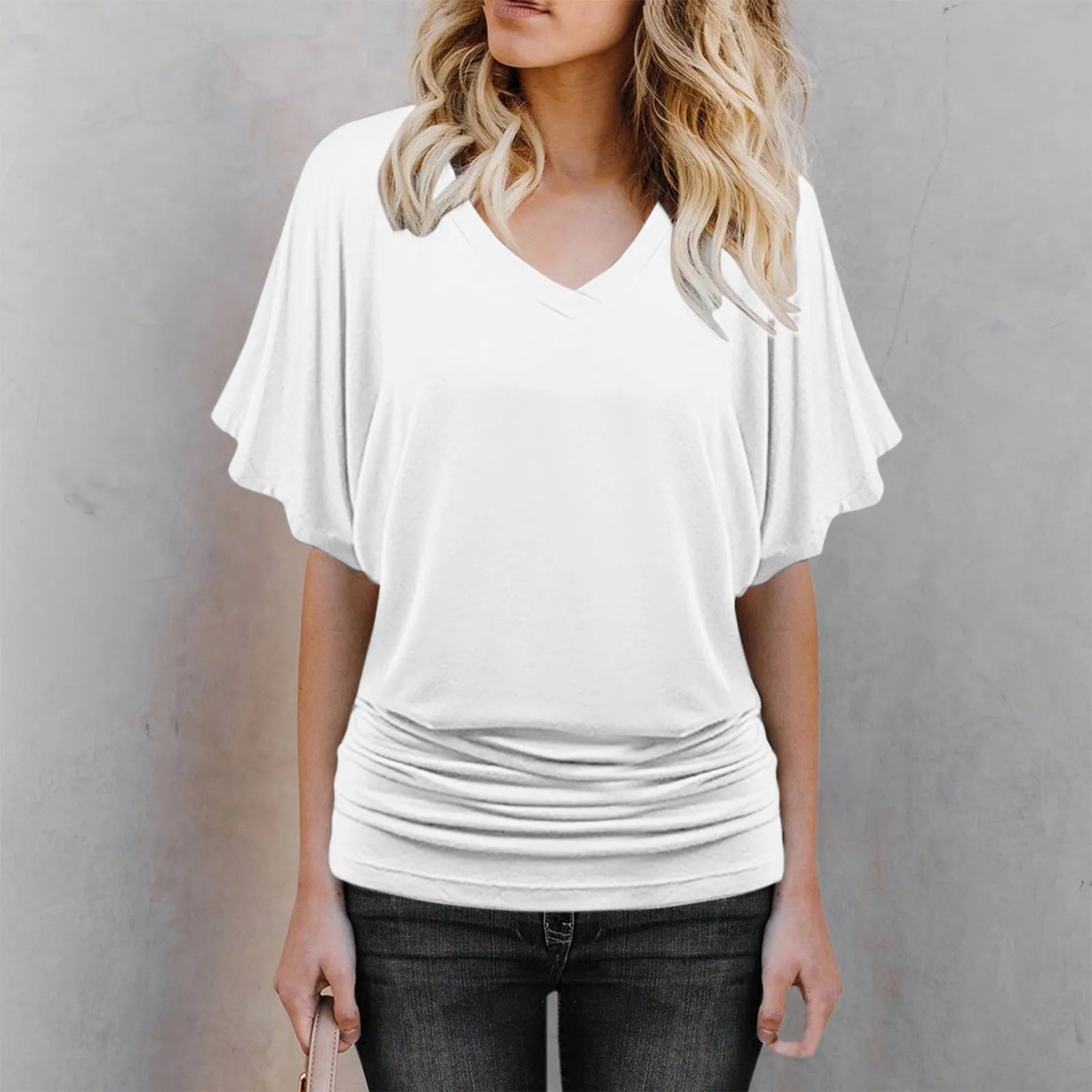 Soft Pleated Summer Bating Short Sleeved V-neck Solid Color T-Shirt Fashionable Classic Soft And Comfortable Daily Top For Lady Qme