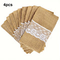 Natural burlap cutlery bag with lace silver napkin holder, wedding party bridal shower table decoration Qme 4pcs