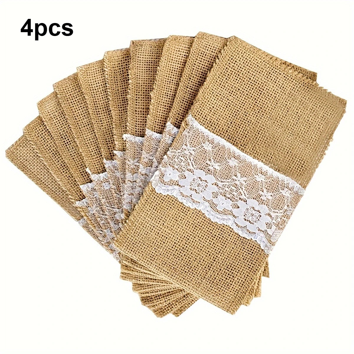 Natural burlap cutlery bag with lace silver napkin holder, wedding party bridal shower table decoration Qme 4pcs