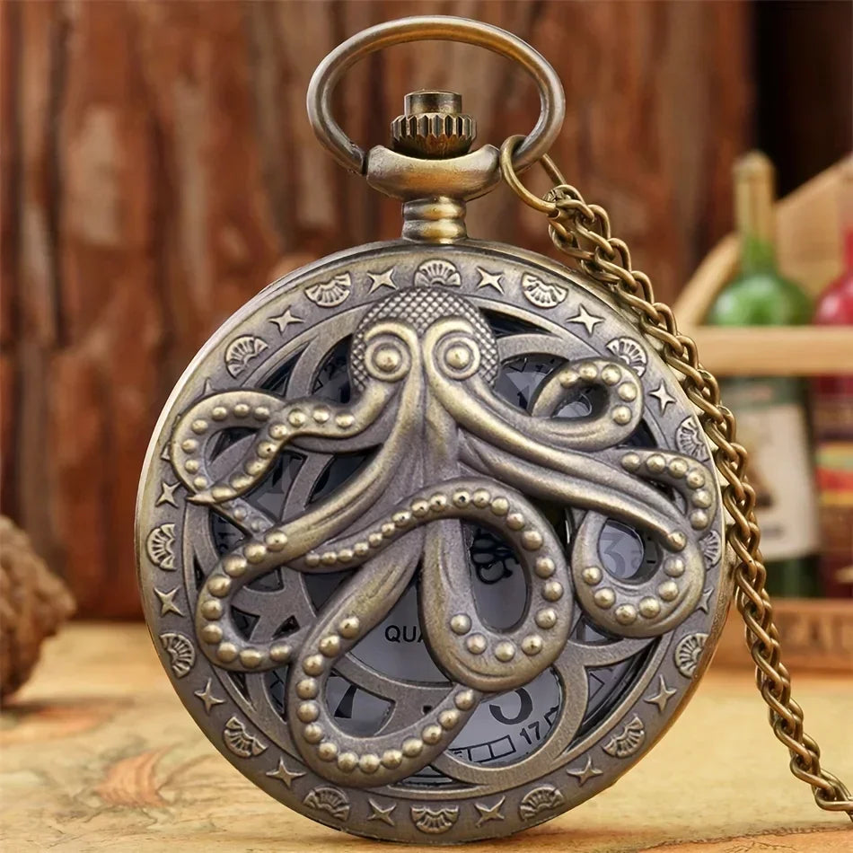 Antique Octopus Hollow Semi-Hunter Quartz Pocket Watch Steampunk Black Pocket Watch Necklace Chain Child Gift Watch Qme