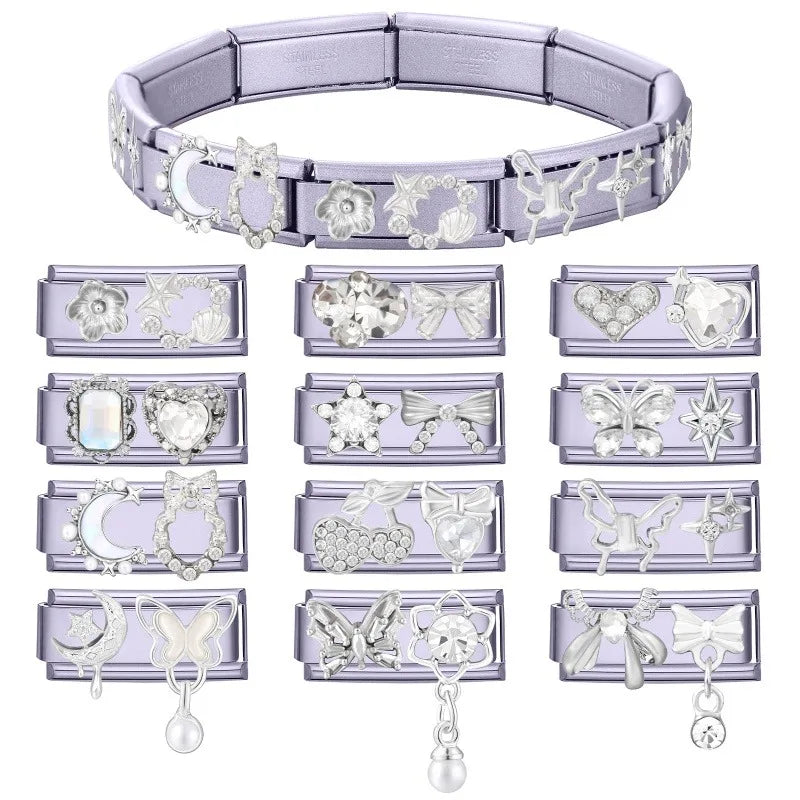 White Zircon Butterfly Stars Moon Bow Flowers Italian Charm Links Fit 9mm Stainless Steel Bracelet Women Jewelry DIY Making Gift Qme
