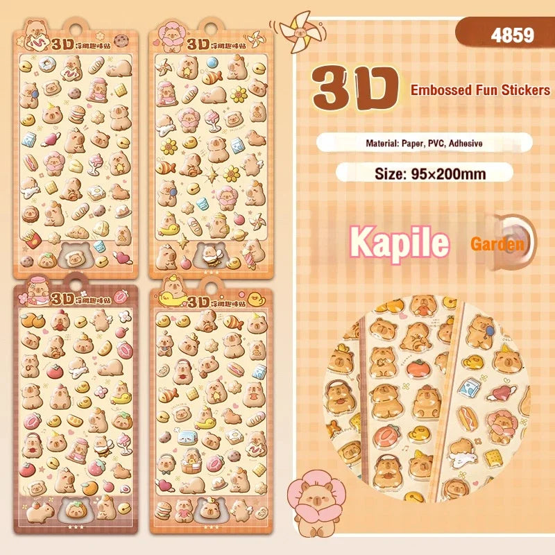 4 Sheets/Bag Capybara Panda Dinosaur CharacterTheme Outline 3D Sticker Set for DIY Scrapbook Phone Case Notebook Decora Craft Qme Capybara