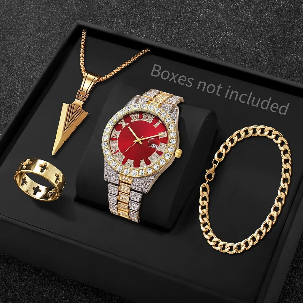 Hip Hop Diamond Watch Jewelry Set Spear Pendant Ring Bracelet For Men Qme