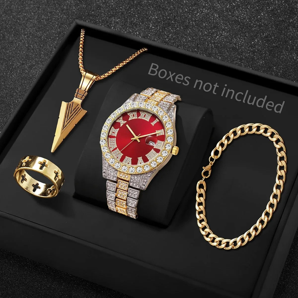 Hip Hop Diamond Watch Jewelry Set Spear Pendant Ring Bracelet For Men Qme