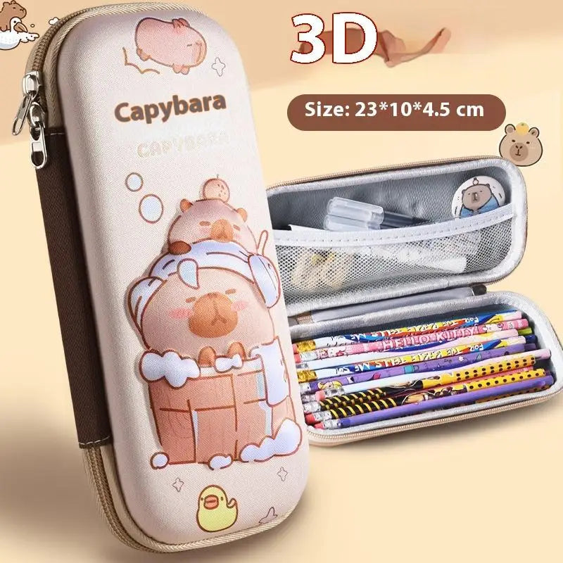 3D Drop Resistant Student School Supplies Large Capybara Pencil Case Qme