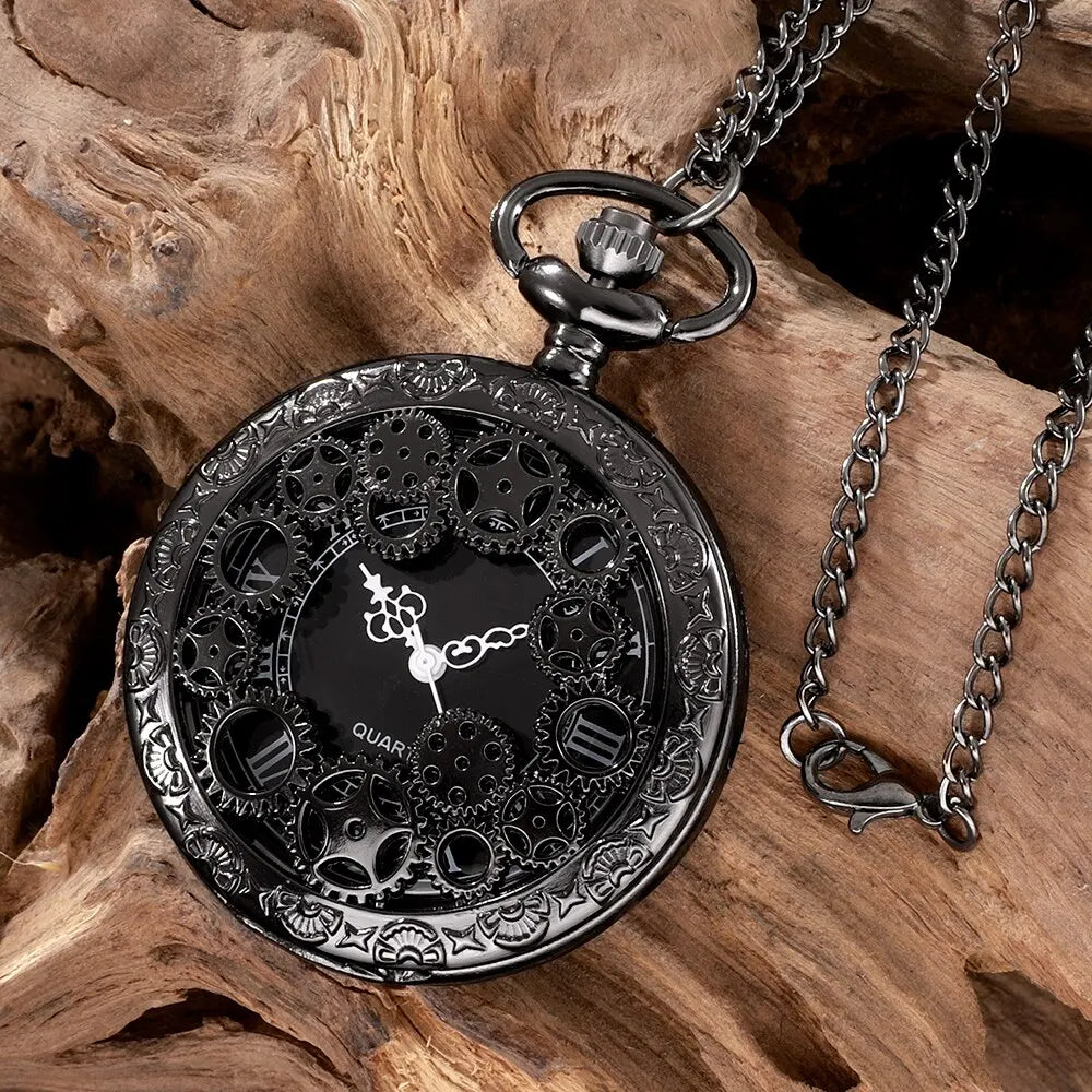 1pcs Punk Copper Retro Hollow Gear Hollow Quartz Pocket Watch Necklace Hanging Bracelet Men and Women with Chain Gift Qme