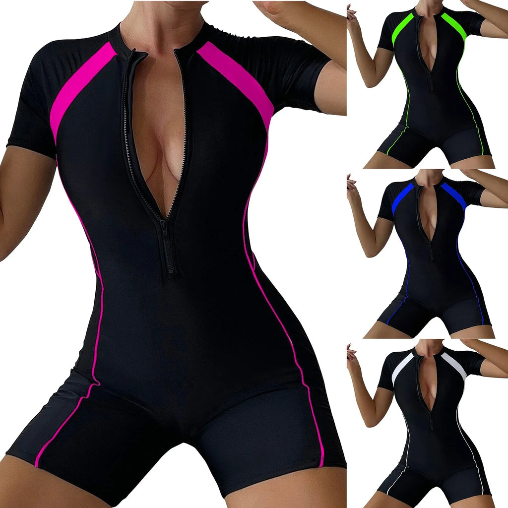 Female Summer One-piece Solid Color Patchwork Flat Angle Short Sleeved Zippered Swimsuit Sun Protection Quick-Drying Swimwear Qme