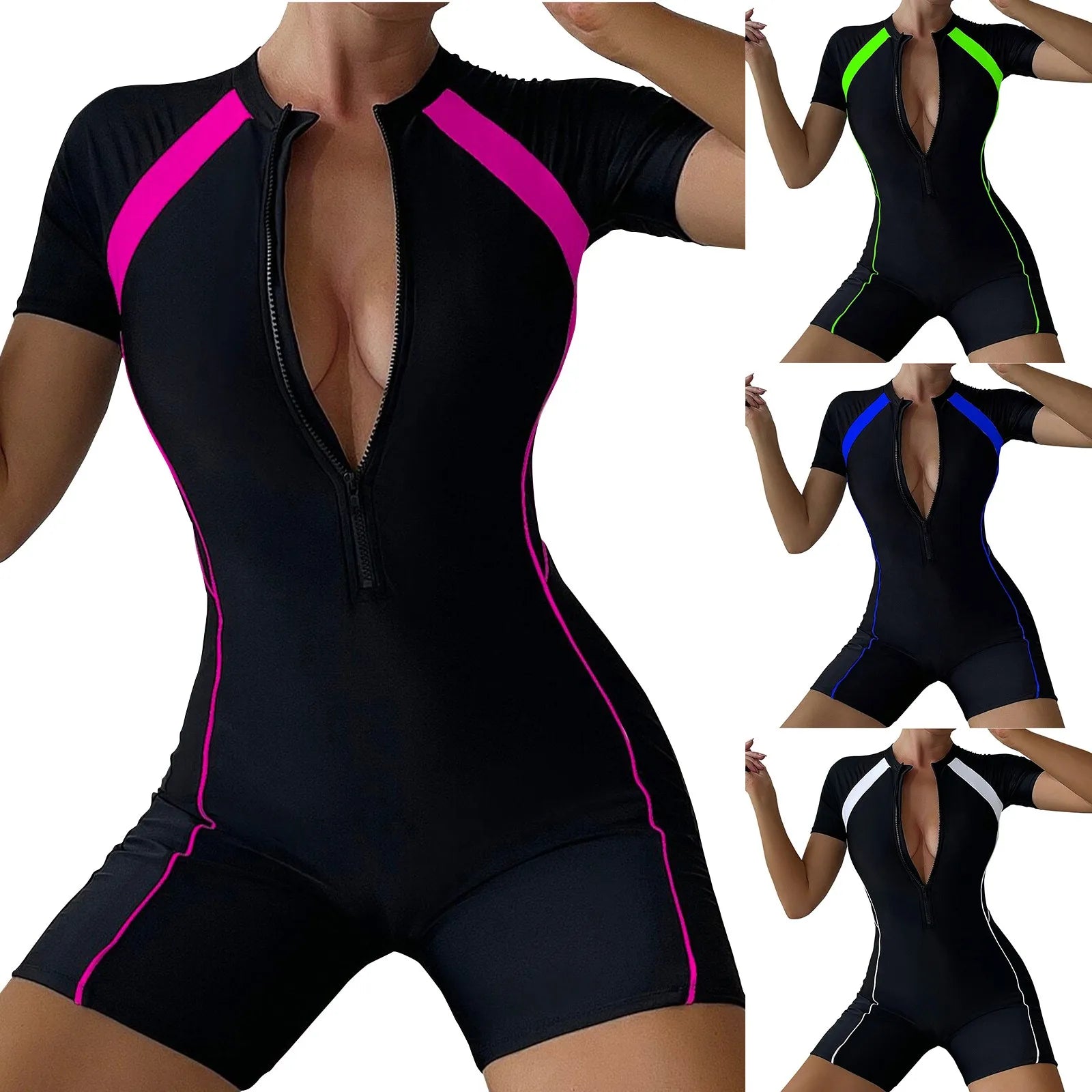Female Summer One-piece Solid Color Patchwork Flat Angle Short Sleeved Zippered Swimsuit Sun Protection Quick-Drying Swimwear Qme