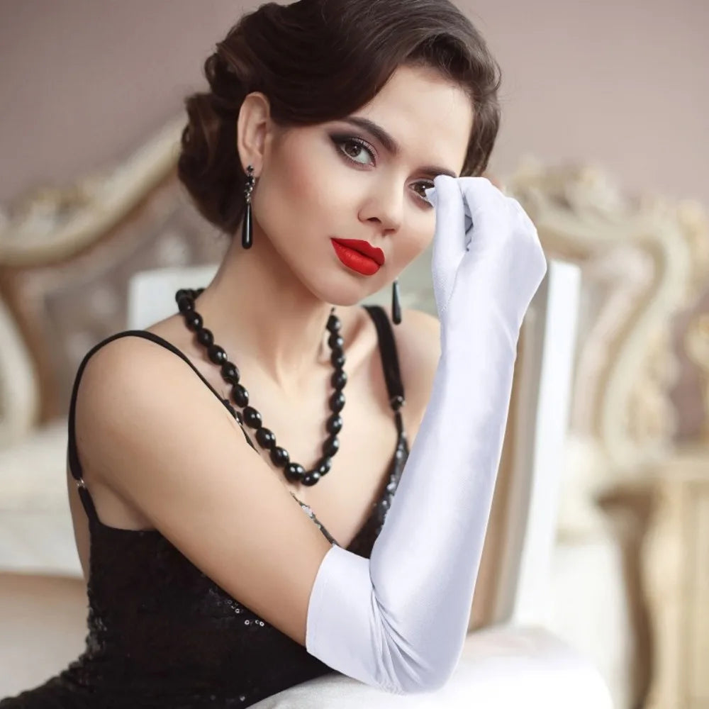 1 Pair Women Long Gloves with Satin, White Opera Glove, for Wedding 1920s Opera Tea Party Costumes Bridal Evening Dress Up Qme