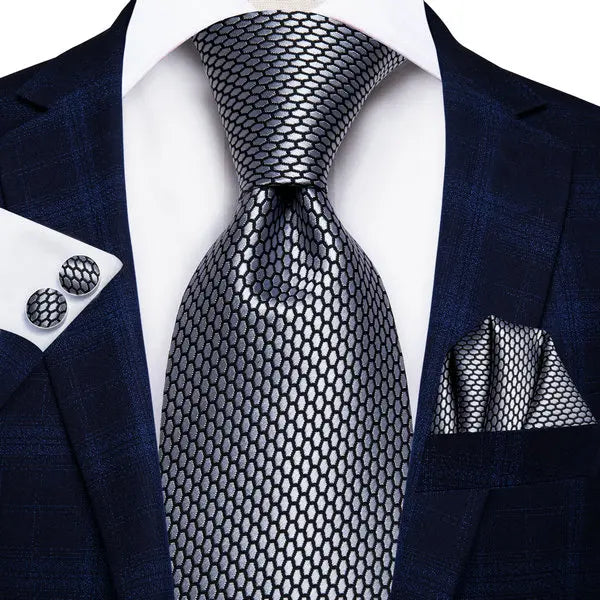 Extra Long Tie Set for Men, 3-Piece Wedding Accessories with Cufflinks & Pocket Handkerchief, Striped/Floral Design Qme DPTH-LDSN4021