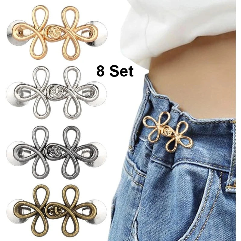 Clover Pant Waist Tightener,Waistband Tightener No Sew Buttons Pants Button Tightener, Detachable Metal Waist Buckle Pants Clips Qme 8Sets