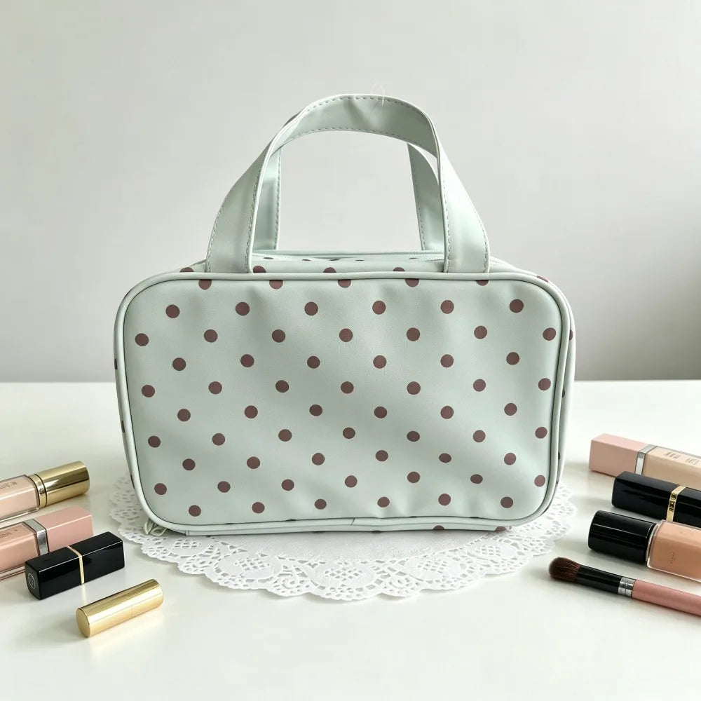 Korean Mint Green Polka Dot Synthetic Leather Makeup Bag Large Qme
