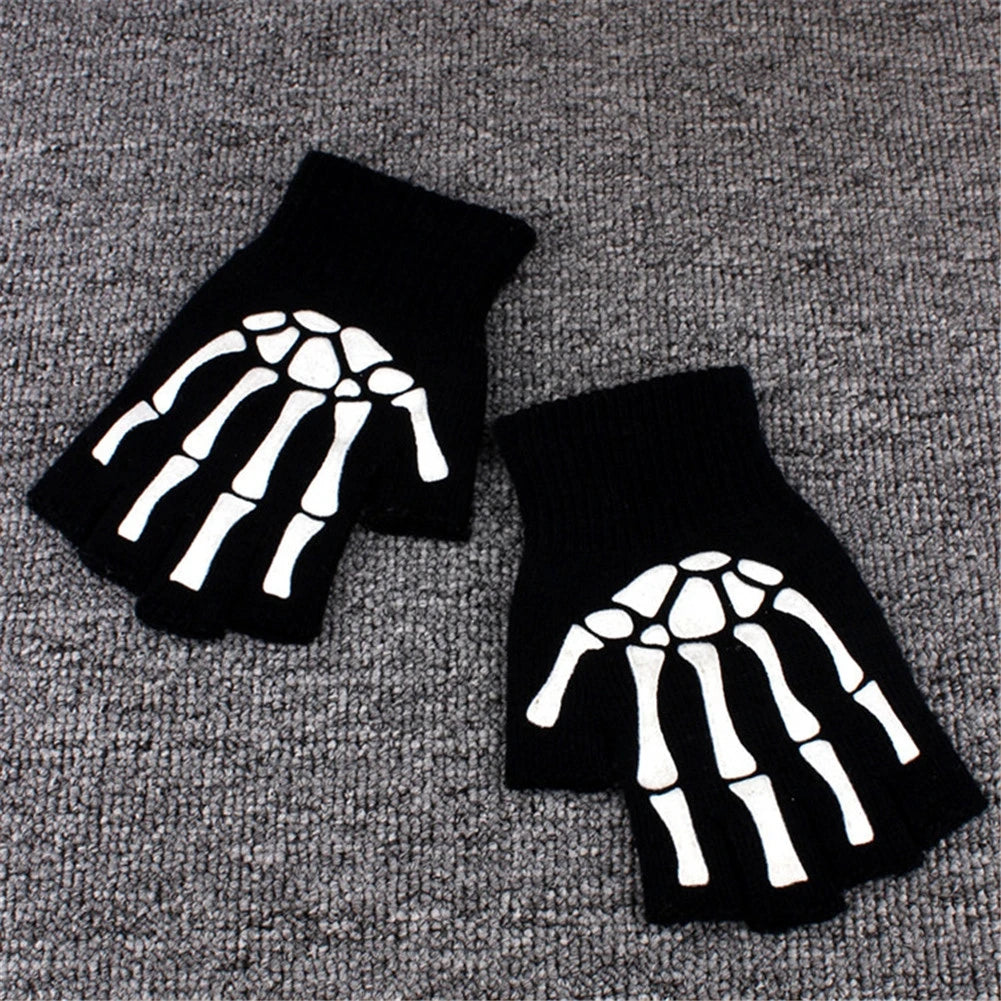 1Pair Punk Gloves Unisex Halloween Skeleton Skull Half Finger Gloves Glow In The Dark Fingerless Stretch Knitted Winter Mittens Qme