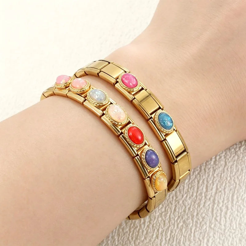 Gold Color Premium Colorful Oval Gems Italian Charm Link Fit 9mm Stainless Steel Bracelet Women Men DIY Making Gifts Wholesale Qme