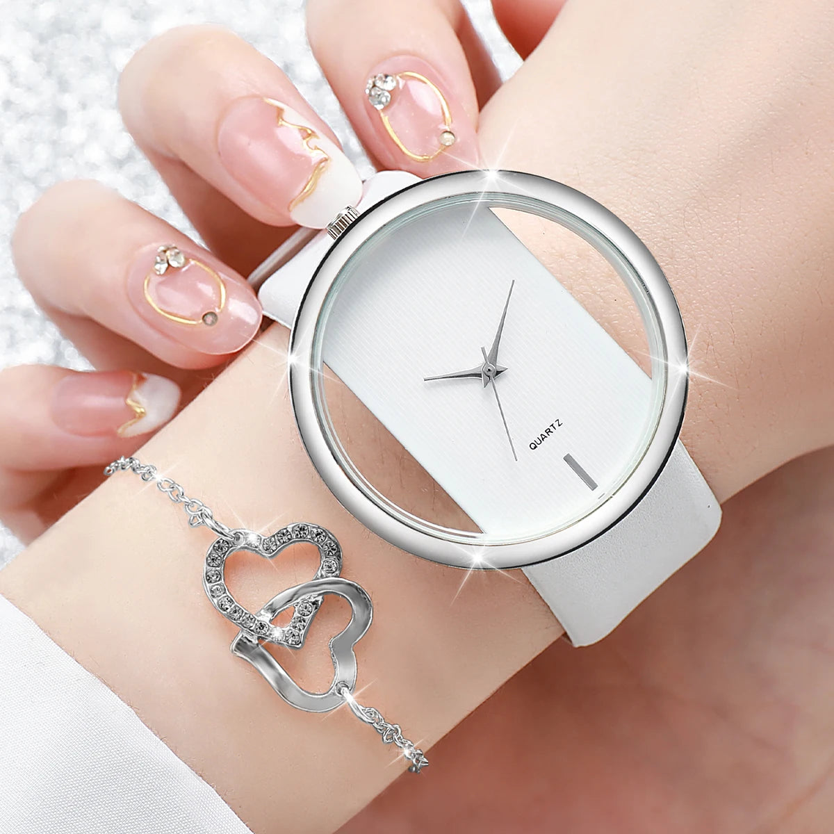 Hot selling couple transparent hollow out watch, e-commerce live broadcast popular watch, belt quartz watch Qme