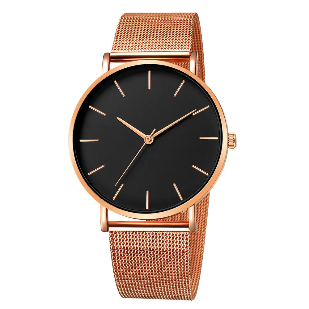 2026 Men's casual wristwatch fashionable Geneva couple men's and women's simple business mesh with quartz watch Qme Rose Black