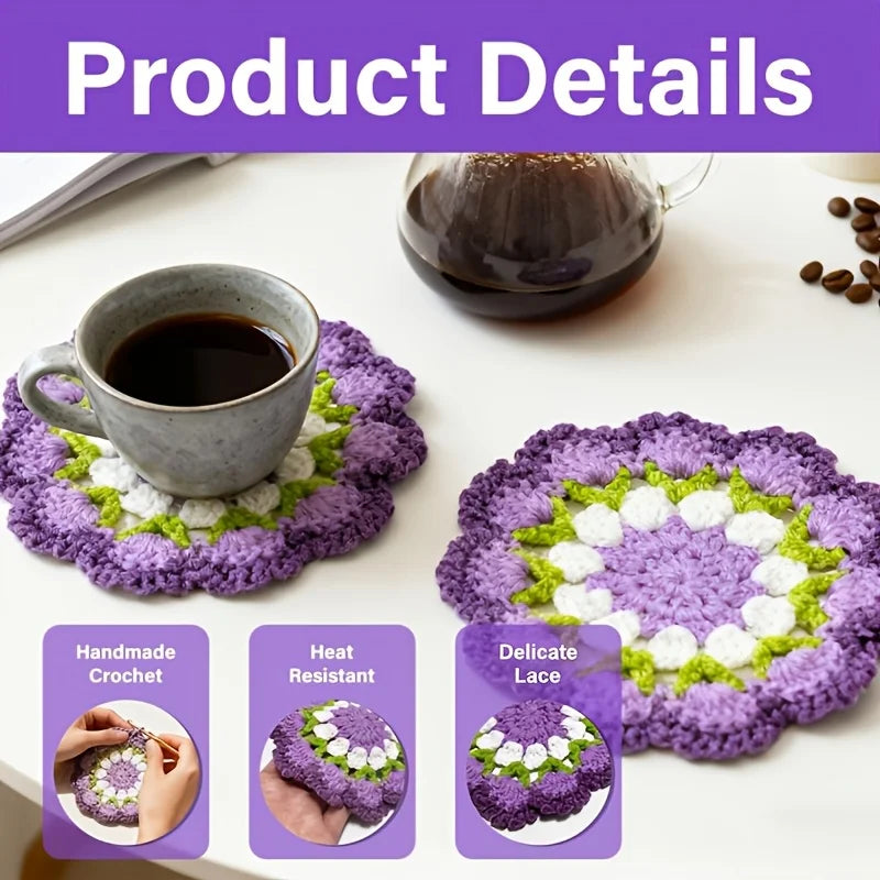 Handmade Crochet Flower Coaster Purple Floral Knitted Cup Mat Absorbent Cotton Mug Pad Non-slip Table Protector Home Decor Qme