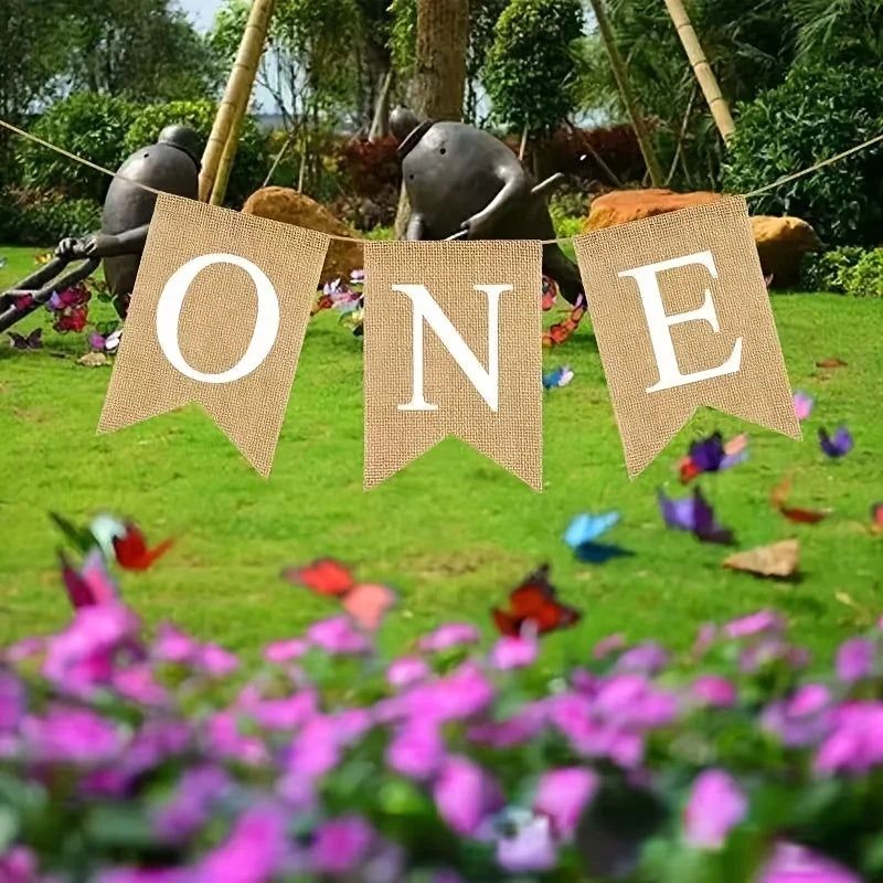 ONE Linen Decoration Banner Swallowtail Flag Year Birthday Pulling Qme