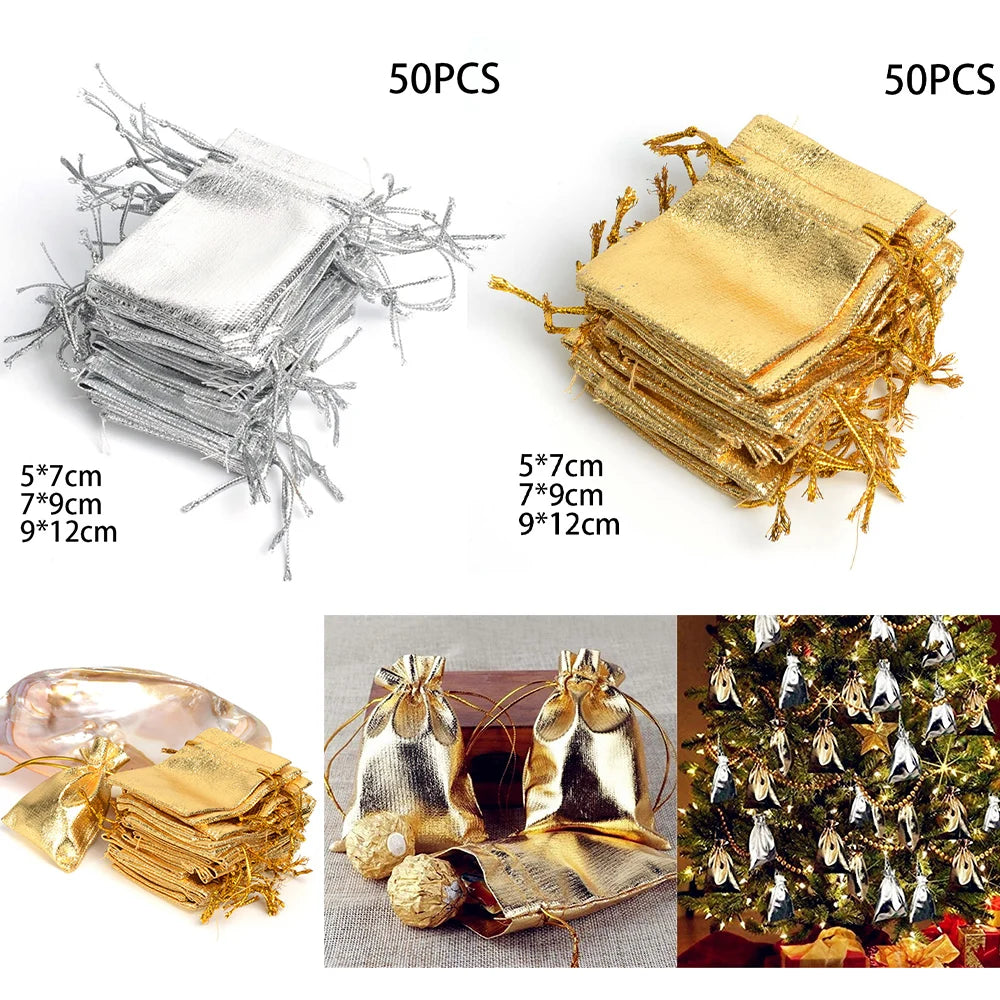 50pcs 5x7cm 7x9cm 9x12cm Metallic Foil Jewelry Packing Silver/Gold Color Drawstring Bag,Wedding Gift Candy Bags&Pouches Qme