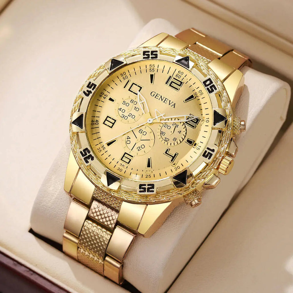 Fashion Business Men Watch Luxury Big Dial Mens Quartz Wristwatches Clock Gift Reloj Hombre（Without Box） Qme Gold Gold No Box