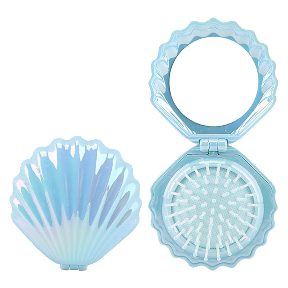 Foldable Shell Shape Comb Travel Hair Brush with Mirror Folding Pocket Hair Brush Portable Mini Hair Comb Hair Styling Tools Qme Blue