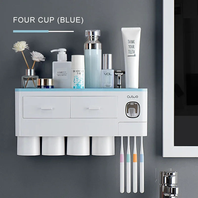 Magnetic Adsorption Inverted Toothbrush Holder Automatic Toothpaste Dispenser With Cup Toothpaste Bathroom Accessories Set Qme CF048-9