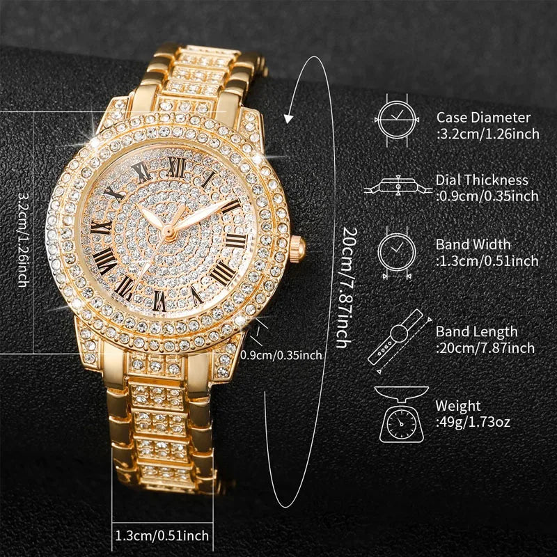 6PCS/Set Fashion Full Diamond Women's Watch Gold Steel Band Quartz Watches Diamond Jewelry Set Qme 2