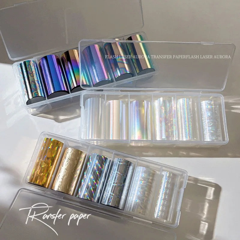 6 Rolls Holographic Aurora Nail Transfer Paper, Laser Iridescent Water Decals, Galaxy Cave Stickers for Nail Art DIY Manicure Qme