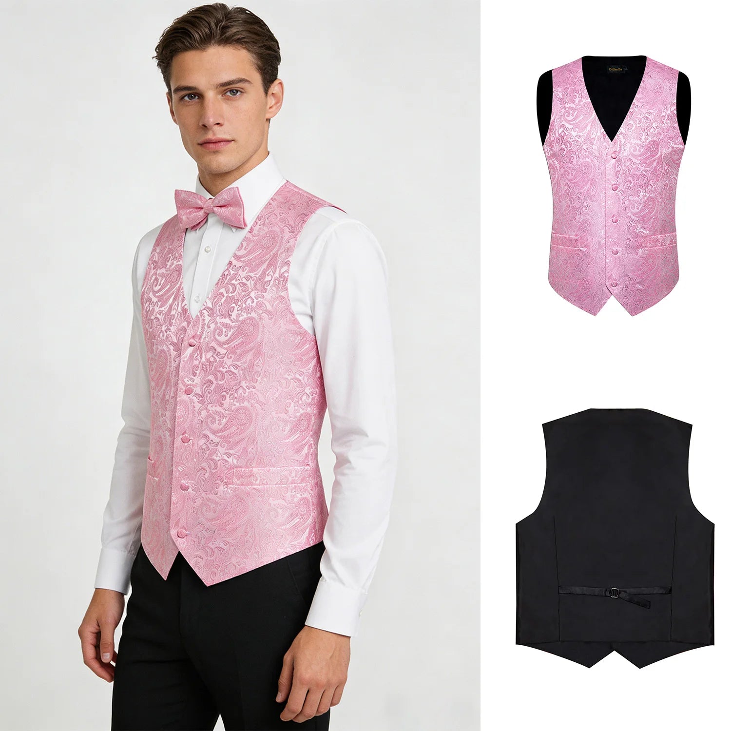 Men's Pink Paisley Suit Vest & Bow Tie Set – Formal Waistcoat with Tie, Jacquard for Weddings and Festive Events Qme