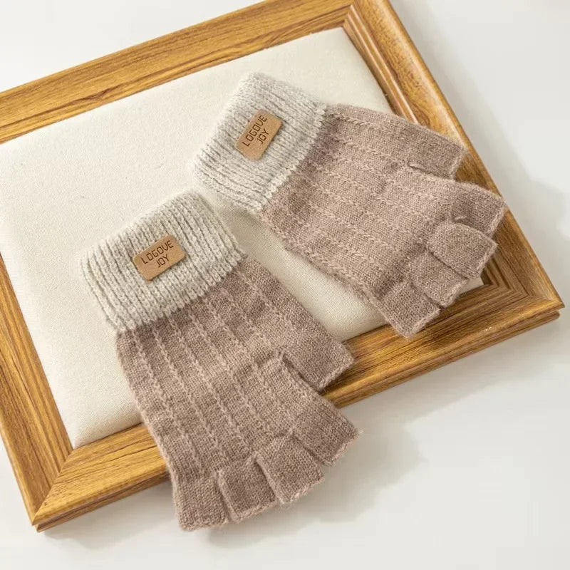 2024 Men Winter Fingerless Half Finger Knitted Gloves Office Warm Qme khaki