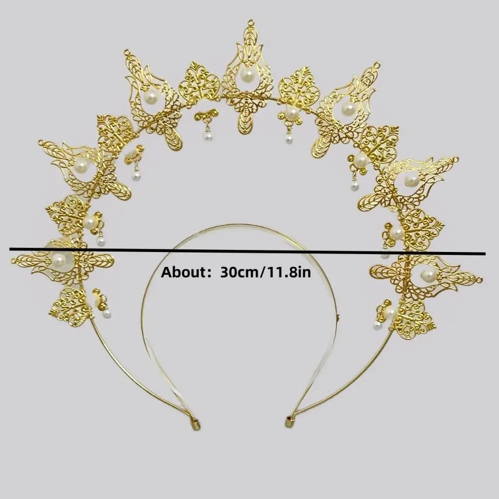 Gothic Gold Plated Halo Crown Vintage Faux Pearl Inlaid Sun Goddess Qme