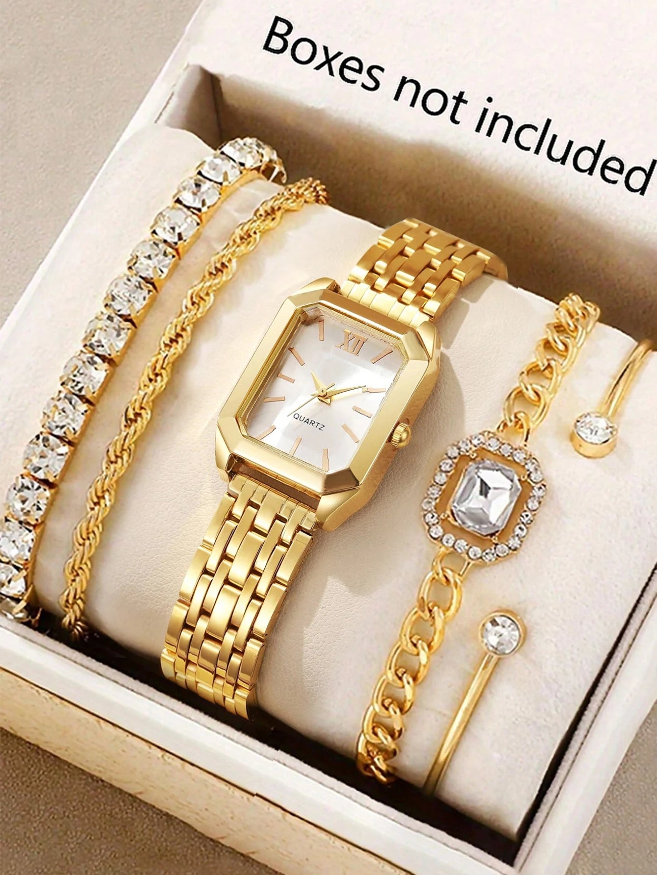 Ladies Quartz Watch Bracelet Set Square Steel Band Minimalist Design Birthday Gift Compact Jewelry Kit without Box Qme 5PCS watch set-b