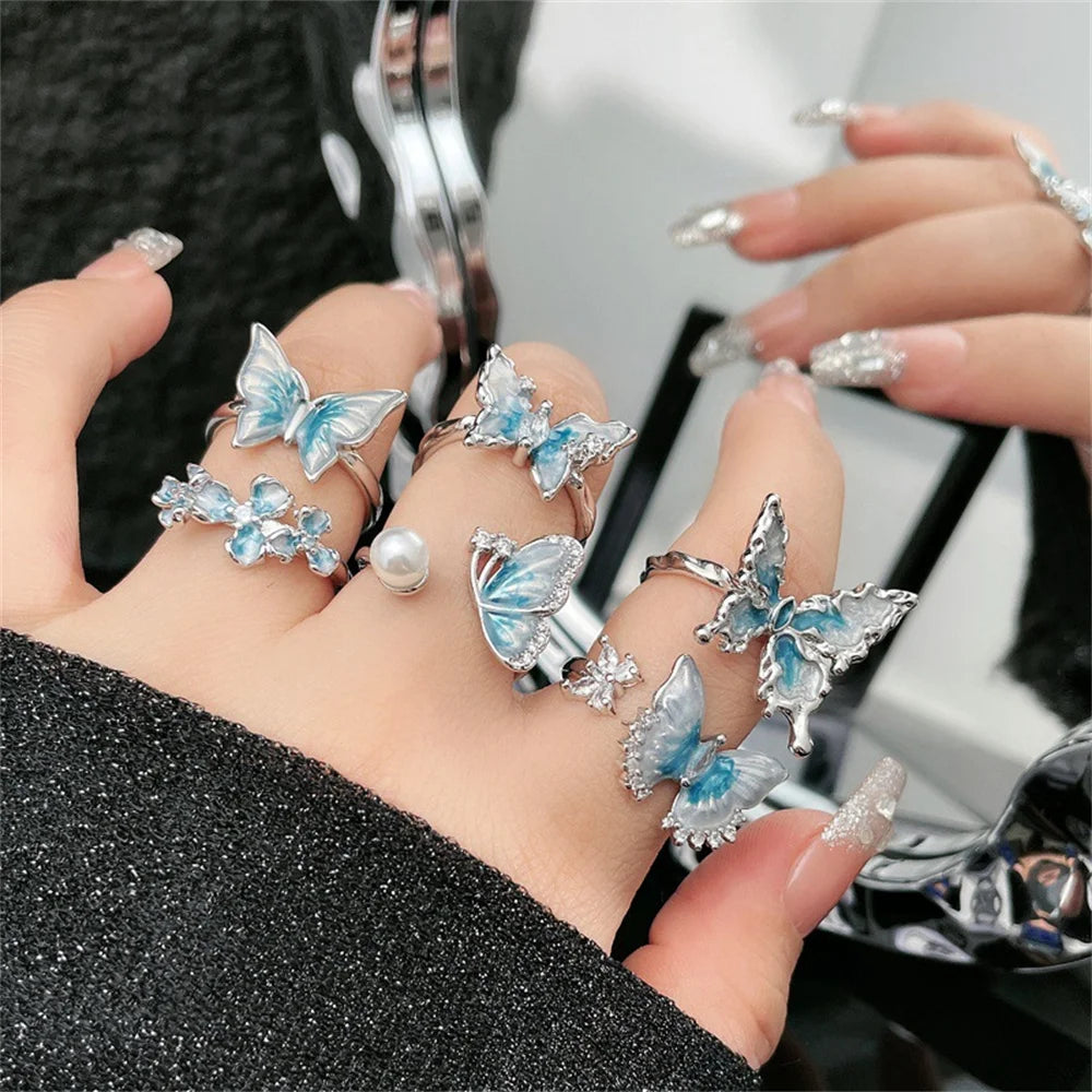 Exquisite Ice Blue Butterfly Open Ring, Fashionable Women's Simple Style Jewelry Party Cocktail Party Accessories Qme