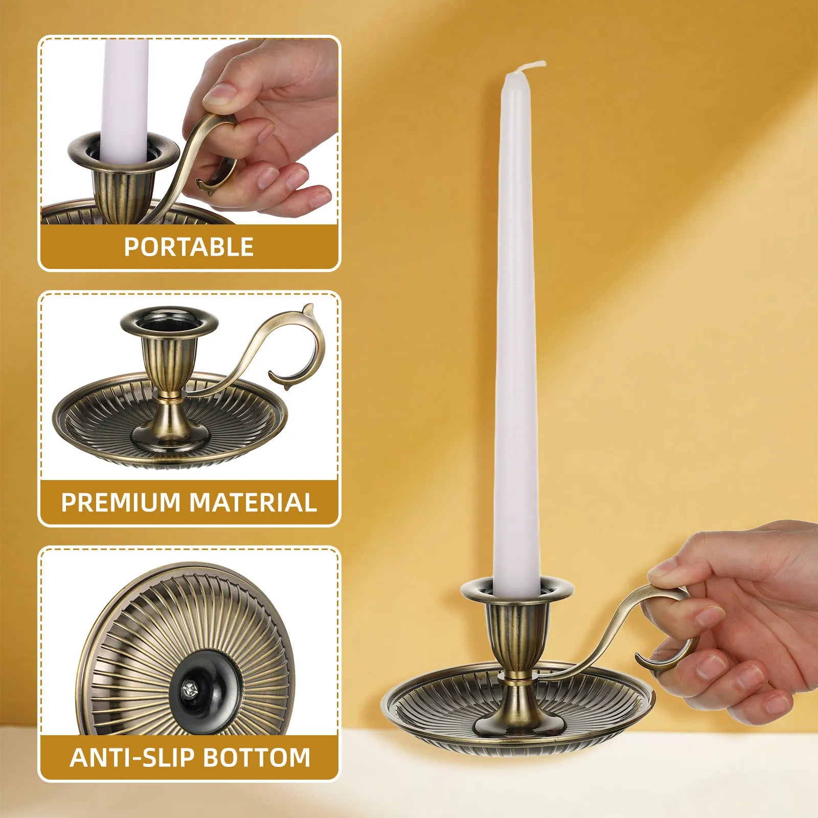 Retro Metal Taper Holder Vintage Style Large Handle Decorative Table Stand for Birthday Thanksgiving Christmas Qme