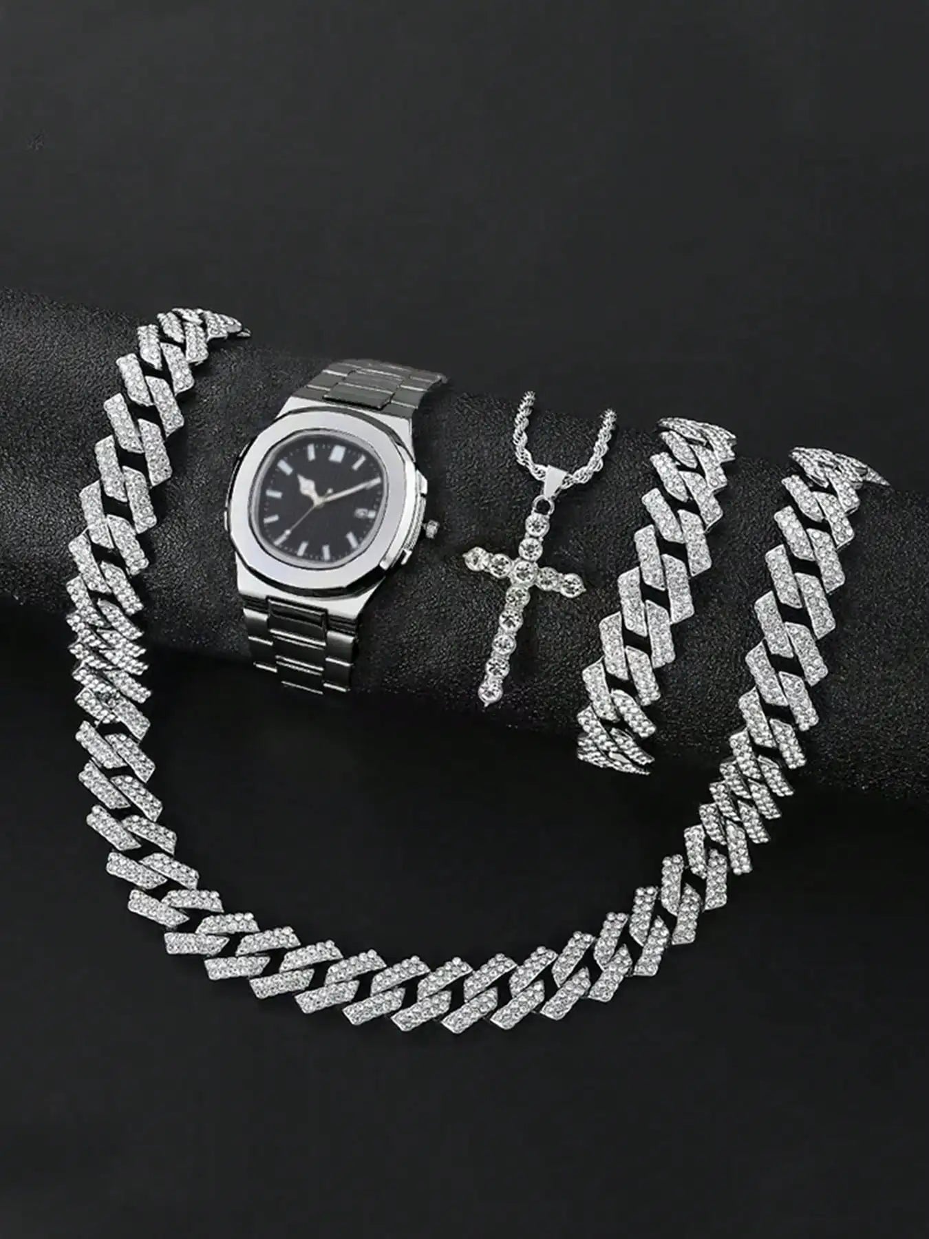 Men's Bling Jewelry Set: Silver Iced Out Watch + Cuban Link Chain + Bracelet + Cross Pendant Necklace, 4Pcs Hip Hop Set Qme black No