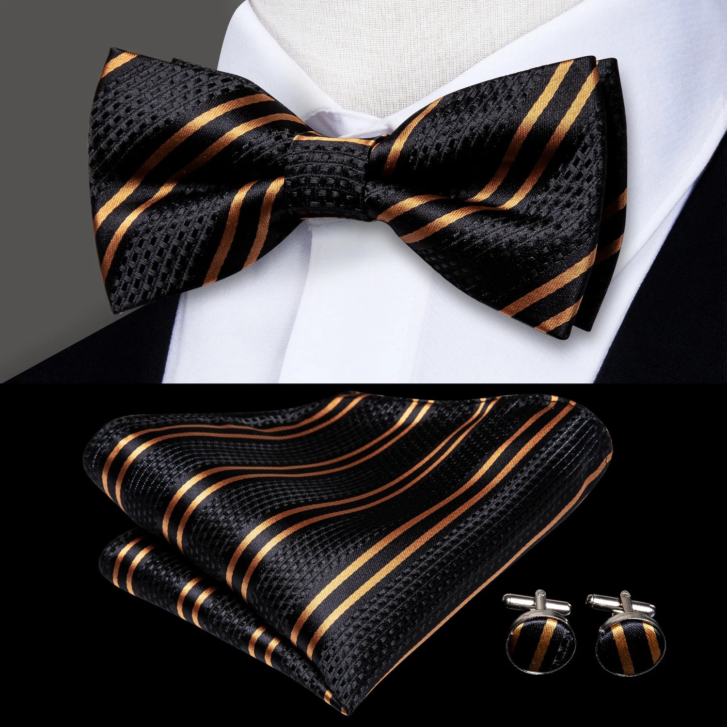 Hi-tie Silk Mens Striped Bow Tie Royal Blue Red Hanky Cufflinks Qme LH-0561