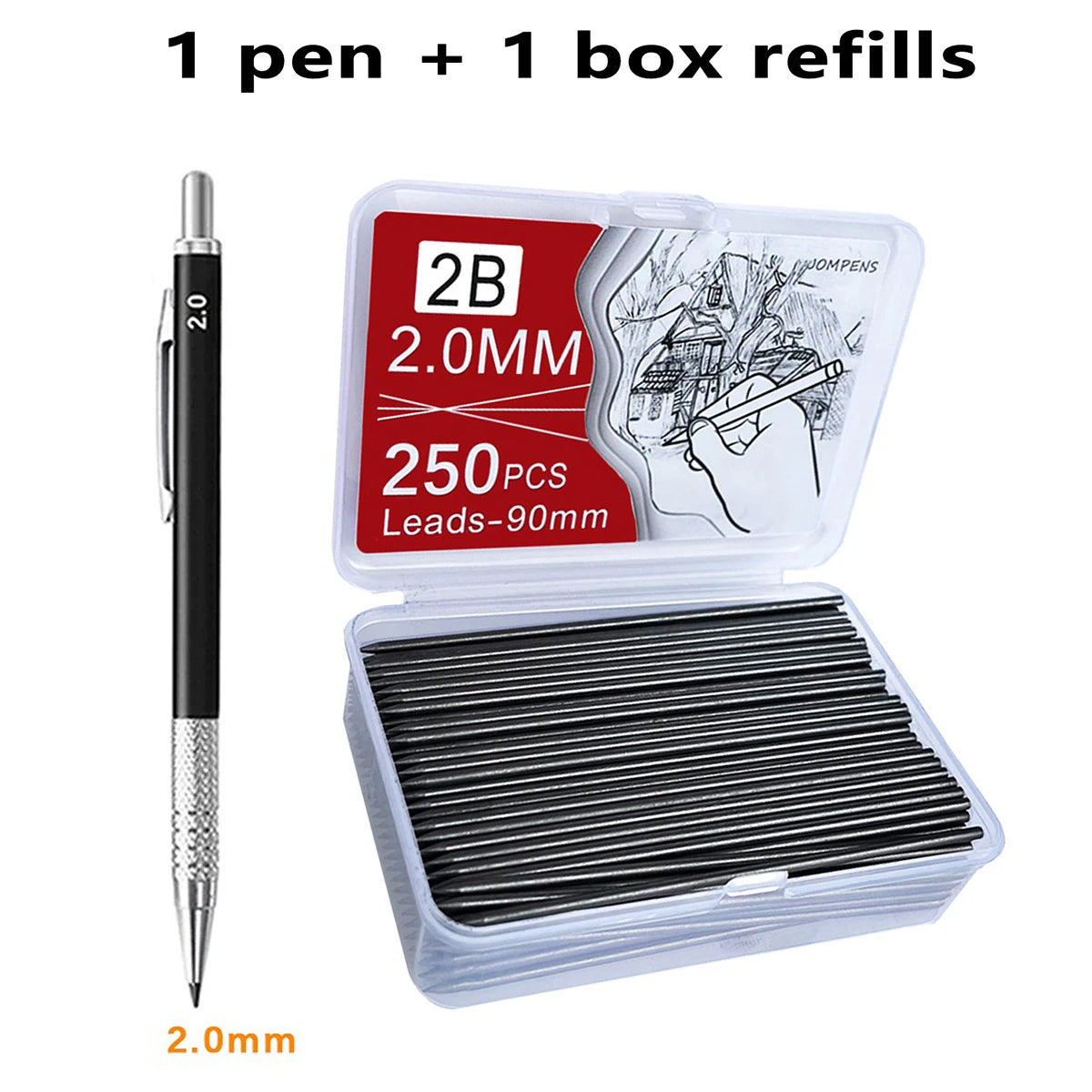 Metal Mechanical Pencil Large capacity Lead And Refills Set 0.3, 0.5, 0.7, 0.9 2.0 Mechanical Pencils for Drawing Sketching Qme 2.0mm set