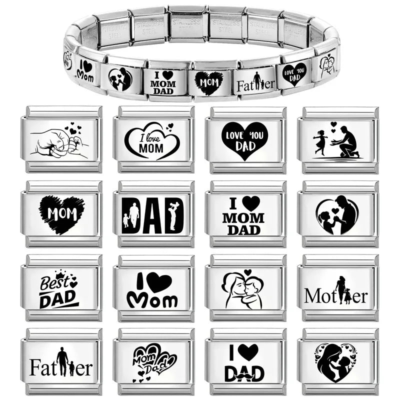Black Laser Engraving Dad Mom Father's Day Mother's Day Italian Charm Link Fit 9mm Stainless Steel Bracelet DIY Making Jewelrys Qme