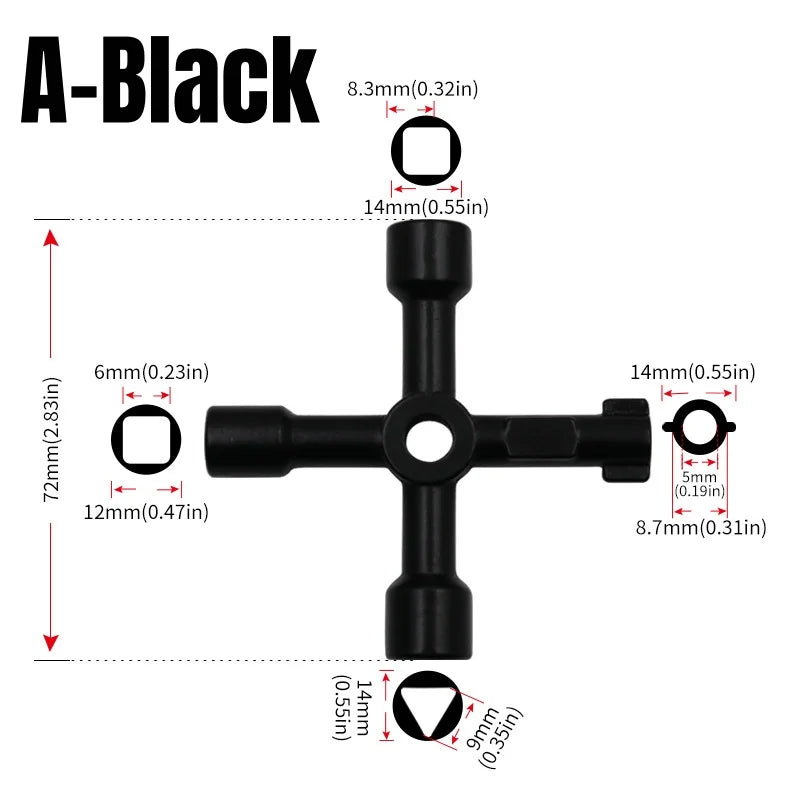 4-in-1 Cross Switch Square Key Wrench Multifunction Repair Hand Tools for Electrical Elevator Control Cabinet Valve Universal Qme A-Black