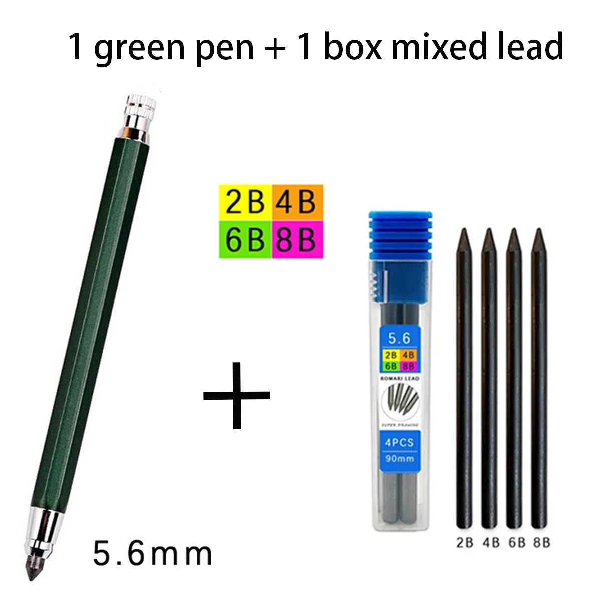 Metal Mechanical Pencil 5.6mm 2B/4B/6B/8B Pencil Refill, For Architect Writing Drafting Art Engineering Painting Sketch Design Qme 1green 1 mixed lead