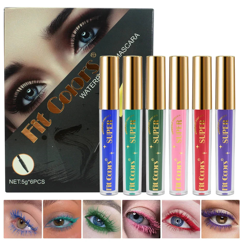 6 Color/Set Colored Mascara Cream Blue Green Lasting Waterproof Mascara Curling Eyelashes Thick Curl 3D Non-smudding Mascara Qme