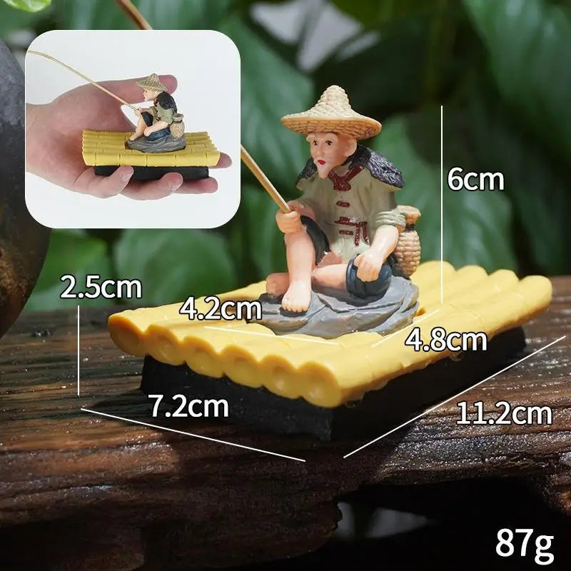 Outdoor Themed Elderly Fisherman Figurine Bamboo Raft PVC Statue Qme A2