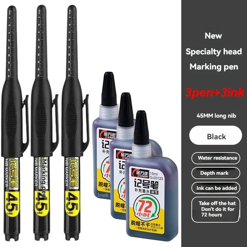 45mm Waterproof Long Head Nib Deep Hole Markers Pen Tile Carpenter Pen Multi-purpose for Woodworking Black/White/Red Ink Qme 3 pens 3 inks black