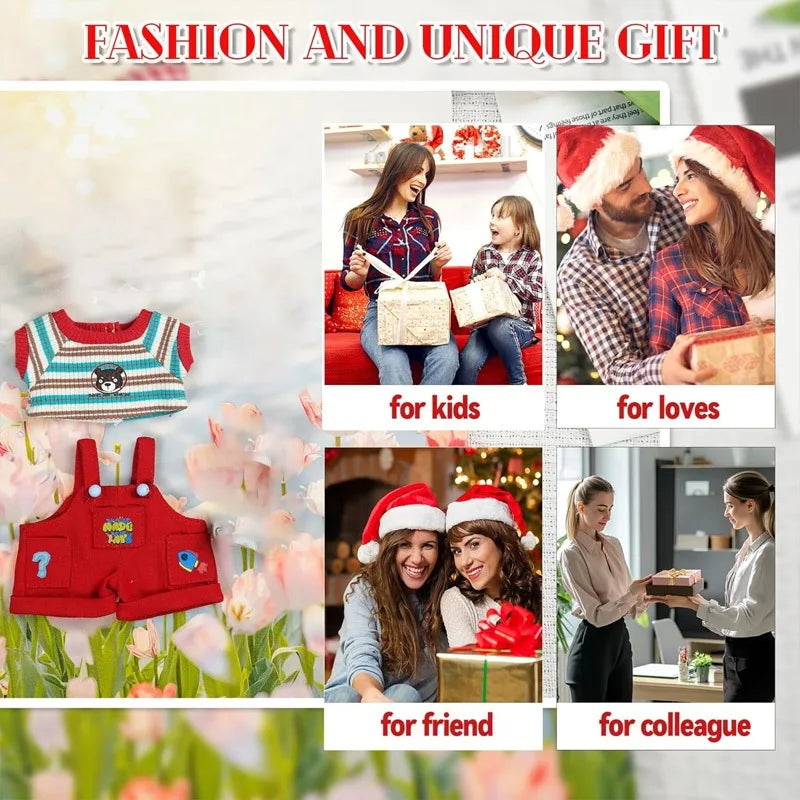 Labubu doll clothing 2-piece set, red workwear and striped T-shirt, suitable for fashionable matching of 17cm and 15cm dolls Qme