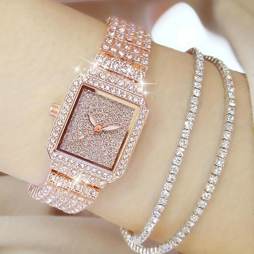 3pcs/set Ladies Watch Luxury Women Watch Crystal Rhinestone Watches Quartz Stainless Steel Strap Wristwatch Square Dial Wrist Qme
